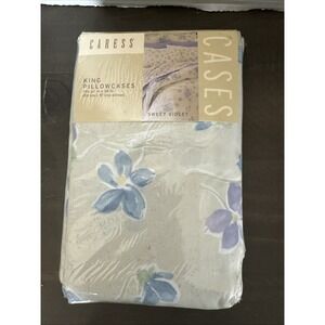 Caress Pillowcases Two King Caress  Sweet Violets Percale USA Made 20x40"1990's